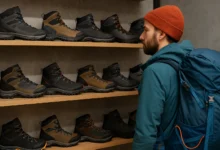 man looking at hiking shoes