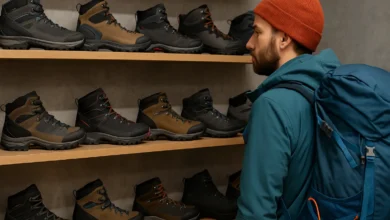 man looking at hiking shoes