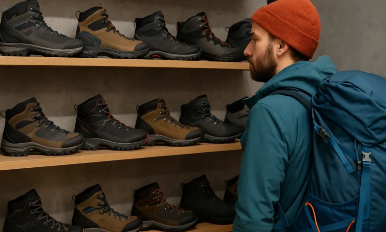 man looking at hiking shoes